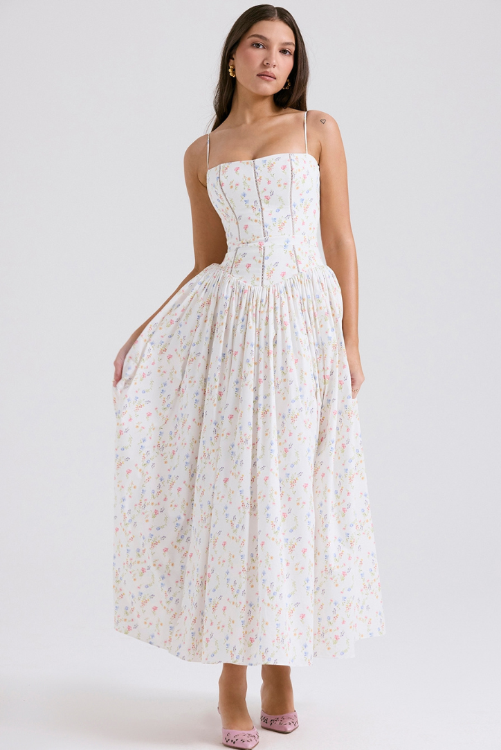 Strapless Floral Midi Dress for Women – Elegant Summer Dress