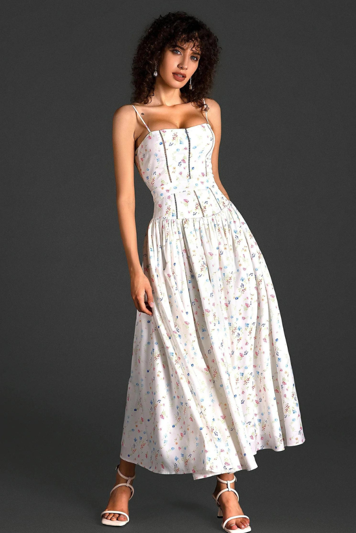 Strapless Floral Midi Dress for Women – Elegant Summer Dress