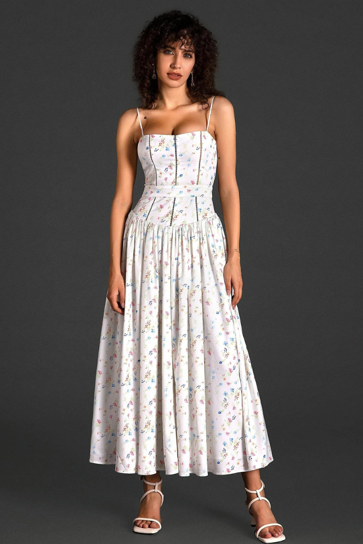 Strapless Floral Midi Dress for Women – Elegant Summer Dress